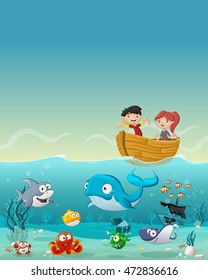 Kids inside a boat at the ocean with fish under water. Cartoon children at the sea.

