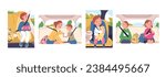 Kids inside car. Children siblings sitting in carseat or backseat with safety seatbelt, cartoon kid toddler son and daughter travel automobile transport, classy vector illustration of inside car drive