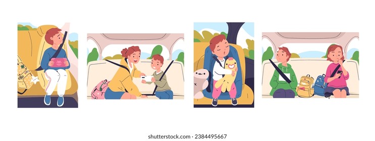 Kids inside car. Children siblings sitting in carseat or backseat with safety seatbelt, cartoon kid toddler son and daughter travel automobile transport, classy vector illustration of inside car drive