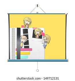 Kids inside open white notebook over projector screen. Vector design
