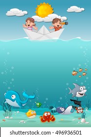 Kids Inside A Paper Boat At The Ocean With Fish Under Water. Cartoon Children At The Sea.
