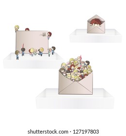Kids inside a post on three white shelves inside a house. Vector design.