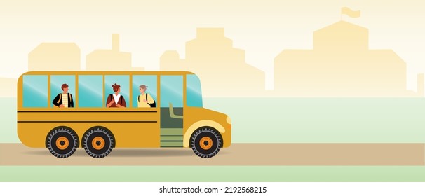 Kids Inside School Bus, Flat Vector Stock Illustration With Classmates Or Schoolchildren As Copy Space Template