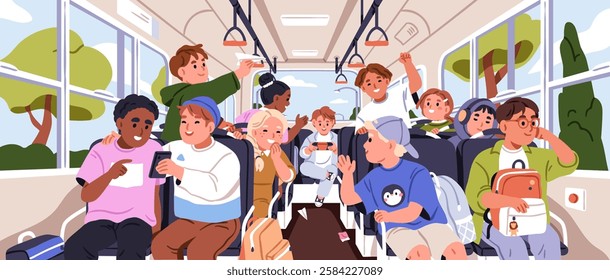 Kids inside school bus. Happy children sitting on passenger seats during ride. Boys and girls playing, looking out of window in schoolbus interior on excursion, trip, journey. Flat vector illustration