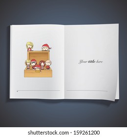 Kids inside wood box printed on book. Vector design 