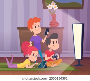 kids interior. children playing video games on gaming consoles. vector indoor cartoon background