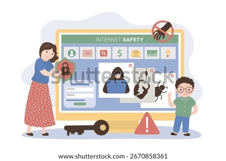 Kids internet control. Parent give shield for child then he browsing web. Safe internet surfing for kids concept. Parental control. Protection from virus attacks, bugs, scam. flat vector illustration