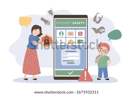 Kids internet control. Parent give shield for child then he surfing web on mobile phone. Safe internet connection for kids concept. Parental control. Protection from virus attacks, bugs, scam. vector