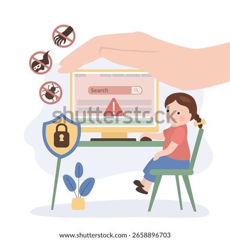 Kids internet control. Parent hand cover child then she is browsing web. Safe internet surfing for kids concept. Parental control. Protection from virus attacks, bugs, scam. flat vector illustration