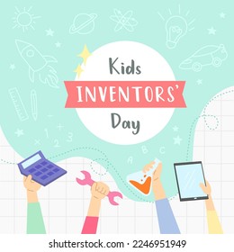 Kids Inventors' Day illustration with chalkboard background of doodles; cars, rocket, planet, education. Kids hands holding tools for learning and inventing; calculator, wrench, flask, tablet. 