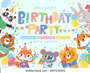 Kids Invitation With Cute Animals.Birthday Party. Greeting Card Template. Vector Illustration 
