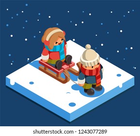 Kids isometric boy sledding girl sleigh winter snow background flat design vector illustration