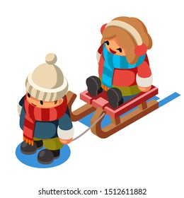 Kids isometric boy sledding girl sleigh winter design flat vector illustration
