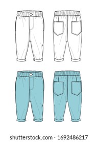 Kids Jeans with in-seam pockets and patch pockets at back, in white & blue colors, flat sketch, front and back views