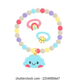 Kids jewelry. Cartoon drawing of bracelet and rings from colorful beads for children isolated on white.