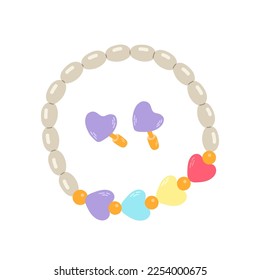 Kids jewelry. Cartoon drawing of bracelet and earrings from colorful beads for children isolated on white.