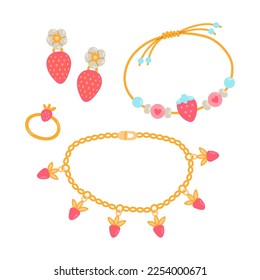 Kids jewelry. Cartoon drawing of strawberry jewelry for children isolated on white. Fashion, jewelry concept