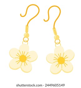 Kids jewelry, cute earrings. Cartoon earrings with daisies for children isolated on white. Fashion, jewellery concept