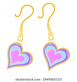 Kids jewelry, cute earrings. Cartoon earrings with hearts for children isolated on white. Fashion, jewellery concept