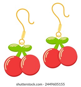 Kids jewelry, cute earrings. Cartoon earrings with cherries for children isolated on white. Fashion, jewellery concept