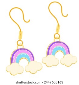 Kids jewelry, cute earrings. Cartoon earrings with a rainbow for children isolated on white. Fashion, jewellery concept