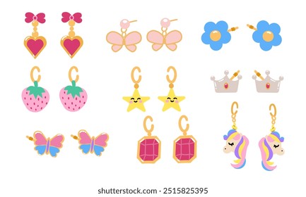 Kids jewelry earrings set. Cartoon drawing of jewelry for children isolated on white background. Fashion, jewelry concept. Vector illustration