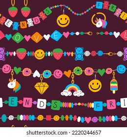 Kids jewelry pattern. Plastic fashioned beads 90s style colored elements recent vector cartoon set