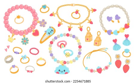 Kids jewelry set. Cartoon drawing of jewelry for children isolated on white background. Fashion, jewelry concept. Vector illustration