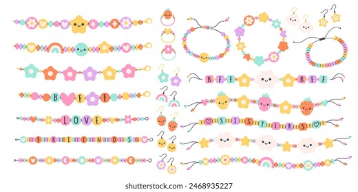 Kids jewelry set. Colorful handmade bracelets with plastic beads, letters, stars, hearts, flowers. Friendship bracelets, earrings, rings. Vector illustration in flat style