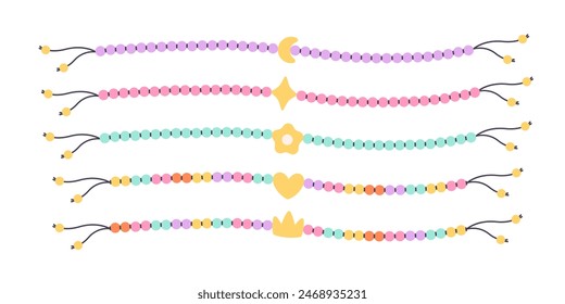 Kids jewelry set. Colorful handmade bracelets with plastic beads. Friendship bracelets. Vector illustration in flat style