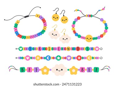 Kids jewelry set. Colorful handmade bracelets with plastic beads, letters, stars, hearts, flowers. Vector illustration in flat style