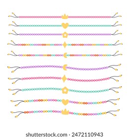 Kids jewelry set. Colorful handmade bracelets with plastic beads. Friendship bracelets. Vector illustration in flat style