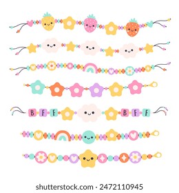 Kids jewelry set. Colorful handmade bracelets with plastic beads. Friendship bracelets. Vector illustration in flat style