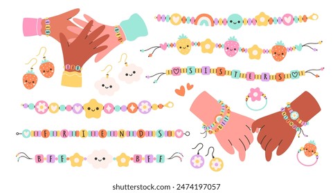 Schmuckset für Kinder. Bunte handgefertigte Armbänder mit Plastikperlen. Freundschaft Armbänder, Ohrringe, Ringe. Vektorillustration im flachen Stil	