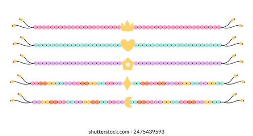 Juego de joyería para niños. Coloridas pulseras hechas a mano con cuentas de plástico. Pulseras de amistad. Ilustración vectorial en estilo plano