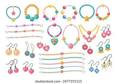 Kids jewelry set. Colorful handmade bracelets, earrings and necklaces with plastic beads, stars, hearts, flowers. Illustration in flat style. Vector