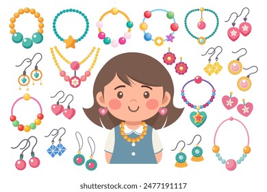 Kids jewelry set. Colorful handmade bracelets, earrings and necklaces with plastic beads, stars, hearts, flowers. Illustration in flat style. Vector