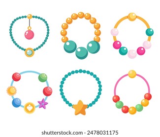 Juego de joyería para niños. Pulseras y collares hechos a mano de colores con perlas de plástico, estrellas, corazones, flores. Ilustración en estilo plano. Vector