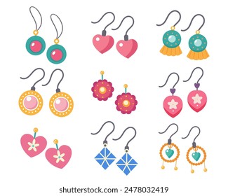 Kids jewelry set. Colorful handmade earrings with plastic beads, stars, hearts, flowers. Illustration in flat style. Vector