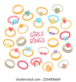 Kids jewelry set, different cute rings. Cartoon drawing rings for children isolated on white. Fashion, jewelry concept