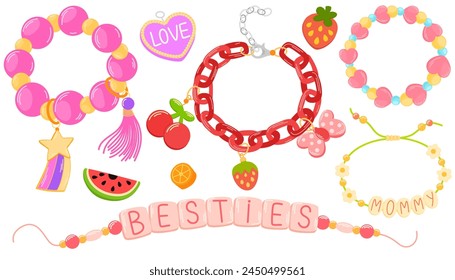 Kids jewelry set, different cute bracelets. Cartoon drawing bracelets for children isolated on white. Fashion, jewelry concept. Vector hand draw illustration