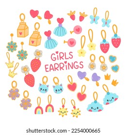 Kids jewelry set, different earrings. Cartoon drawing earrings for children isolated on white. Fashion, jewelry concept