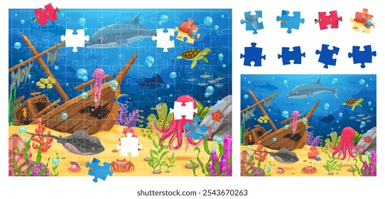 Kids jigsaw puzzle logic game with sunken ship at underwater landscape. Vector riddle with colorful marine life as a dolphin, octopus and turtle, promoting problem-solving skills and educational fun