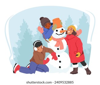 Kids Joyfully Gather Snow, Rolling And Shaping It Into A Snowman With Button Eyes, Carrot Nose, And Warm Scarf, Showcasing Their Creativity And Delight In The Winter Season Playful Activities, Vector