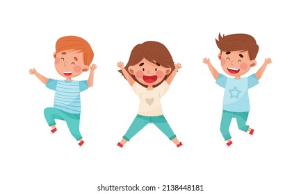 Kids joyfully jumping set. Energetic boys and girls having fun cartoon vector illustration