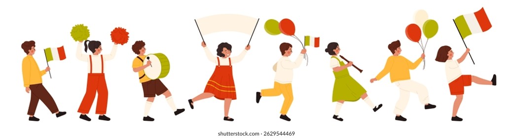 Kids joyfully marching with Italian flags, balloons, and banners for Republic Day celebration, perfect for holiday, education, and cultural event themes, isolated vector illustration