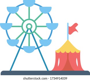 Kids Joyland Marquee Vector Color Icon design, Tent with flag and ferris wheel concept, circus and amusement park things on white bakcground, 