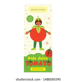 Kids juice tomato flat packaging template. Smiling child in tomato costume cartoon character. Delicious beverage, tasty natural drink for children design. Colorful label for juice advertising