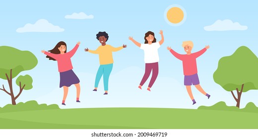 Kids jump on meadow. Cartoon happy children boys and girls playing outside. Childhood summer fun activity at park. Friendship vector. Illustration happy child jumping, childhood on meadow summer