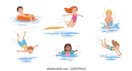 Kids jump in pool set vector illustration. Cartoon funny children in swimsuits play on beach party, boy and girl jumping from trampoline with splashes isolated on white. Sport, vacation concept